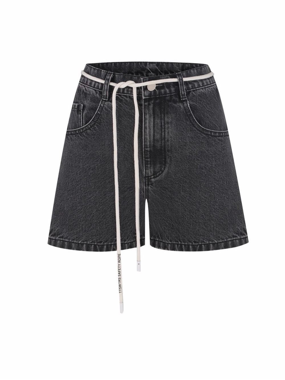Black Denim High-Waist Jean Shorts with Contrast Drawstring